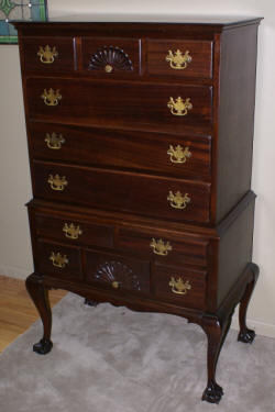 Chippendale dark mahogany flat top high boy 