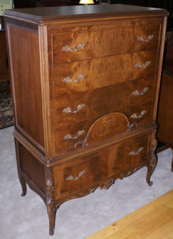 walnut antique inlaid French carved chest of drawers