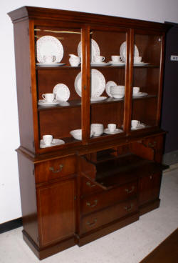 mahogany breakfront china cabinet with open glass top
