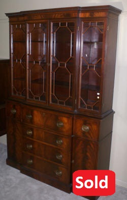 two piece mahogany breakfront china cabinet with butlers desk