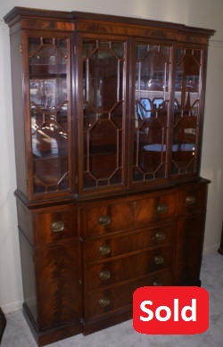 two piece mahogany breakfront china cabinet with butlers desk