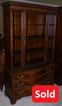 mahogany serpentine front Fancher furniture company banded inlaid china cabinet with beveled glass