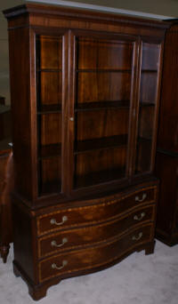 Mahogany serpentine front Fancher Furniture Company banded inlaid china cabinet with beveled glass