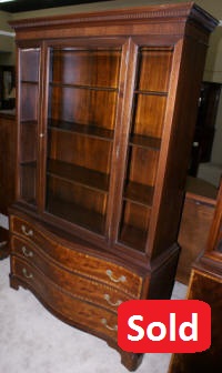 Mahogany serpentine front Fancher Furniture Company banded inlaid china cabinet with beveled glass