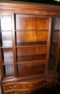 Mahogany serpentine front Fancher Furniture Company banded inlaid china cabinet with beveled glass