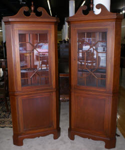 Pair of Biggs furniture solid mahogany inlaid tall corner cabinet