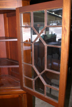 Pair of Biggs furniture solid mahogany inlaid tall corner cabinets