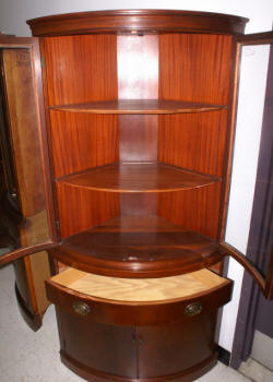 antique mahogany bow front corner cabinet 1940s