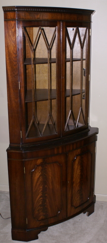 English flame mahogany antique corner cabinet