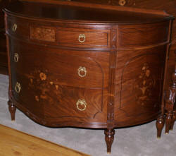 Walnut French flower inlaid carved antique demi- lune dresser