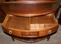 Walnut French flower inlaid carved antique demi- lune dresser