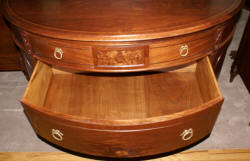 Walnut French flower inlaid carved antique demi- lune dresser