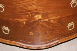 Walnut French flower inlaid carved antique demi- lune dresser