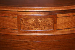 Walnut French flower inlaid carved antique demi- lune dresser