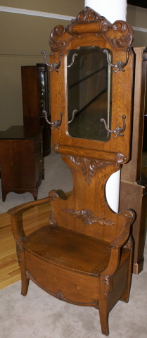 Solid oak antique bench seat carved hall tree 1910