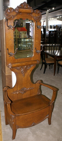 Solid oak antique bench seat carved hall tree 1910