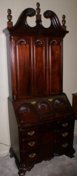 Mahogany Chippendale block front shell carved two piece secretary desk