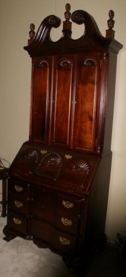 Mahogany Chippendale block front shell carved two piece secretary desk