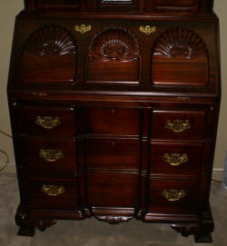 Mahogany Chippendale block front shell carved two piece secretary desk