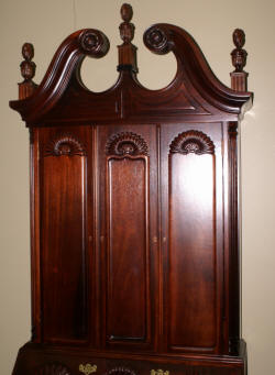 Mahogany Chippendale block front shell carved two piece secretary desk