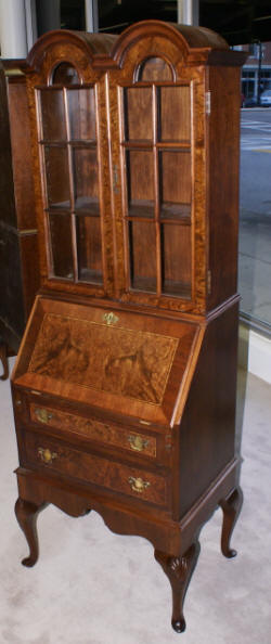 Double bonnet top Queen Anne burl walnut inlaid secretary desk