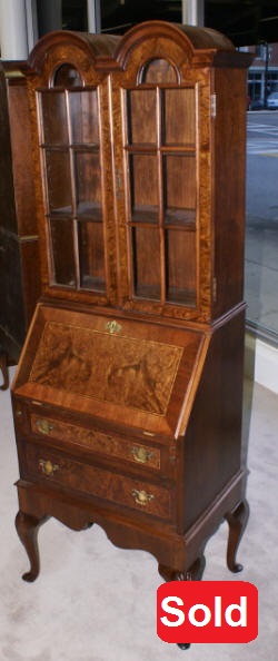 Double bonnet top Queen Anne burl walnut inlaid secretary desk