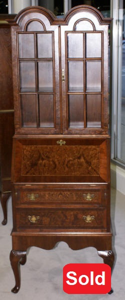 Double bonnet top Queen Anne burl walnut inlaid secretary desk