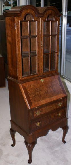 Double bonnet top Queen Anne burl walnut inlaid secretary desk