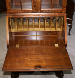 Double bonnet top Queen Anne burl walnut inlaid secretary desk