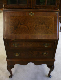 Double bonnet top Queen Anne burl walnut inlaid secretary desk