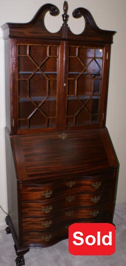 Chippendale mahgoany serpentine front antique secretary desk