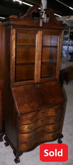 Flame walnut 1930s antique Chippendale secretary desk