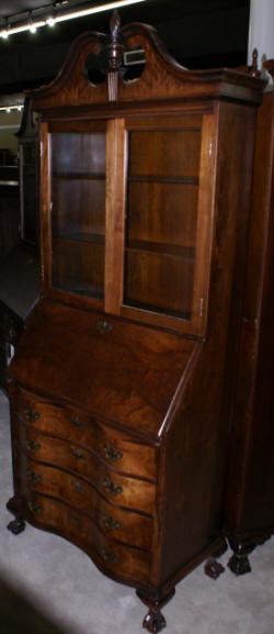 Flame walnut 1930s antique secretary desk