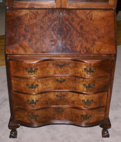 Flame walnut 1930s antique secretary desk