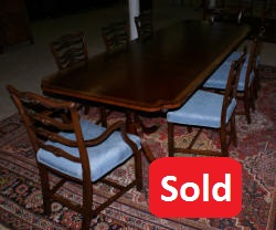 Banded inlaid modern mahogany dining room table with a set of 8 1940s ribbon back solid mahogany dining room chairs