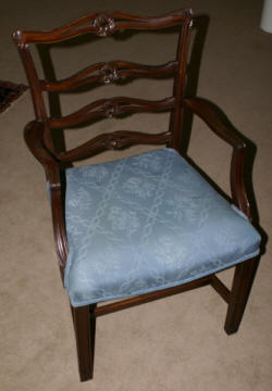 Banded inlaid modern mahogany dining room table with a set of 8 1940s ribbon back solid mahogany dining room chairs