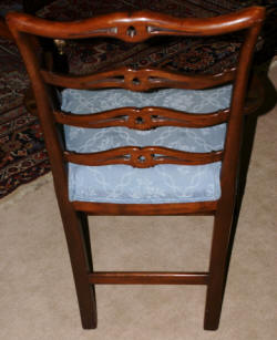 Banded inlaid modern mahogany dining room table with a set of 8 1940s ribbon back solid mahogany dining room chairs