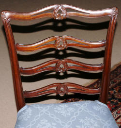 Banded inlaid modern mahogany dining room table with a set of 8 1940s ribbon back solid mahogany dining room chairs