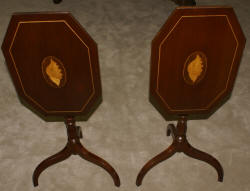 Pair of Conch shell inlaid mahogany candle stands