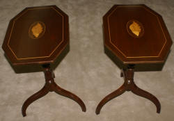 Pair of Conch shell inlaid mahogany candle stands