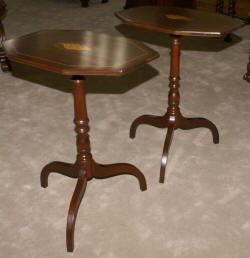 Pair of Conch shell inlaid mahogany candle stands