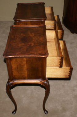Beautiful matched pair of elegant Queen Anne walnut antique 2 drawer stands