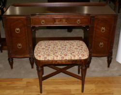 French carved antique walnut inlaid vanity and needlepoint vanity bench