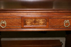 French carved antique walnut inlaid vanity and needlepoint vanity bench