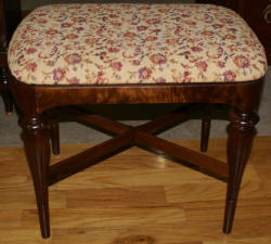 French carved antique walnut inlaid vanity and needlepoint vanity bench