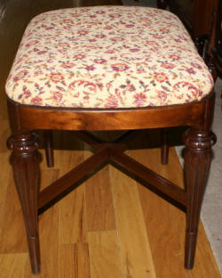 French carved antique walnut inlaid vanity and needlepoint vanity bench